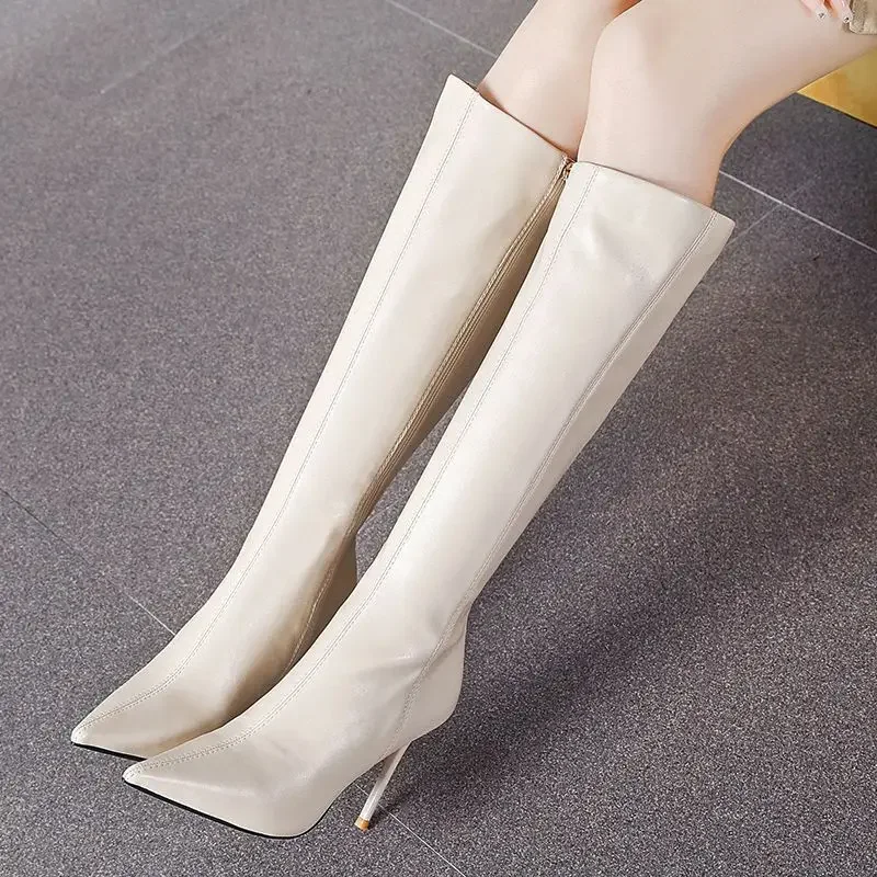 Beige Women\'s Long Boots Pointed Toe 2025 New Ladies Knee High Shaft Shoes Quality Y2k In Designer Luxury Demi-season Gyaru Rock