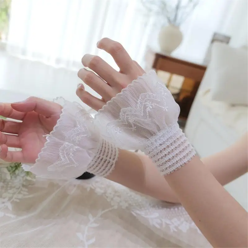 M6CD Guantes encaje volantes Mangas flores blancas Extensión manguito decorativo para mujeres