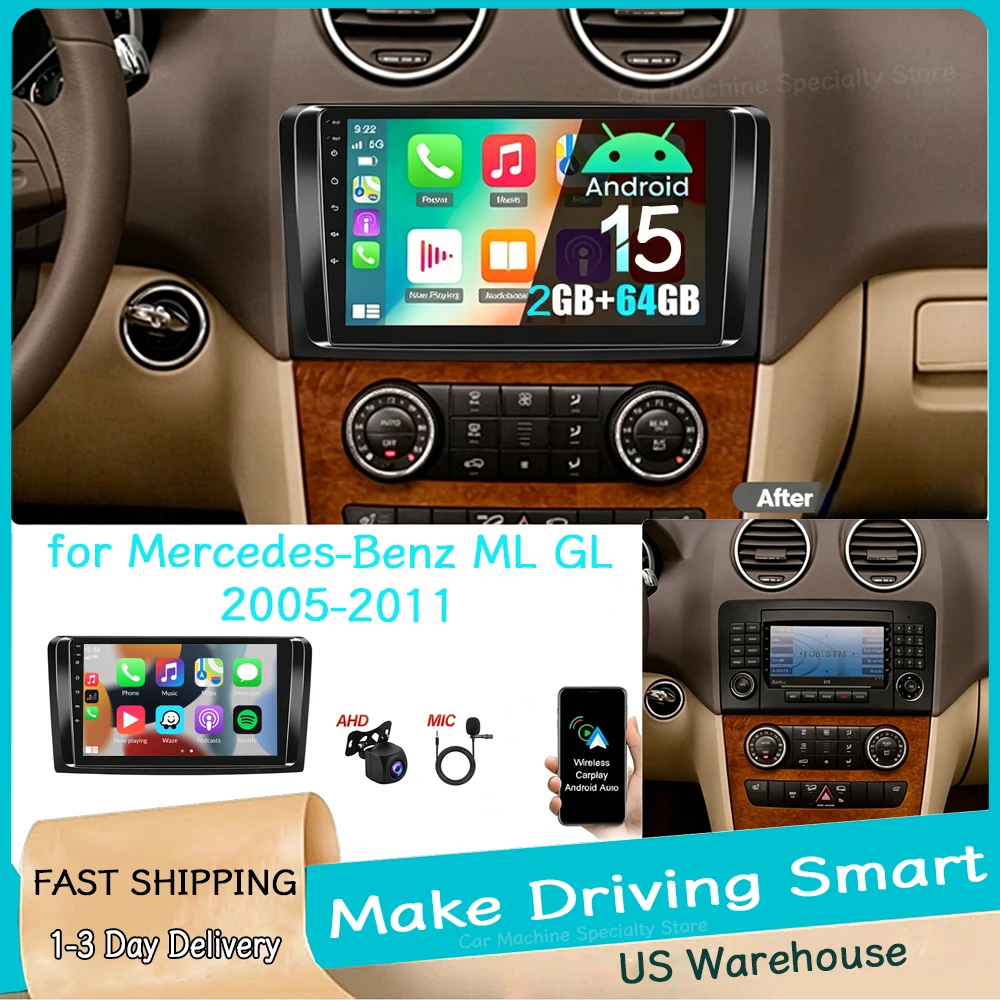 9in 2+64G Car Stereo Radio GPS Navigation Head Unit for Mercedes-Benz ML GL 2005-2011 Android 15 with Carplay Android Multimedia Player Bluetooth WiFi FM/RDS SWC + 4Led Backup Camera