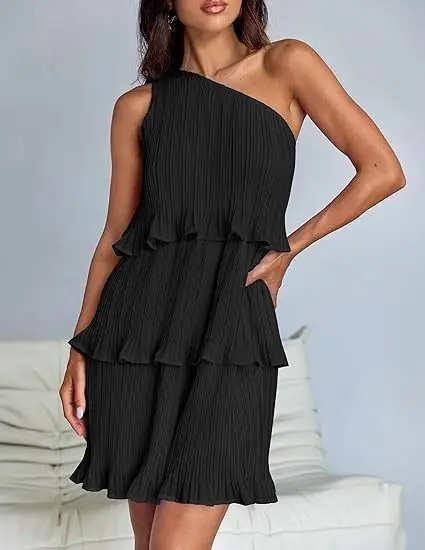 2025 Spring Summer New Pleated Dress Casual Solid Color Elegant Sloped Shoulder Sleeveless Layered Splicing Design Mini Dress