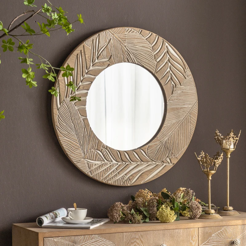 Vintage Wall Mirror Round Makeup Dressing Table Antique Decorative Mirror Wooden Living Room Spiegel House Decoration WSW35XP