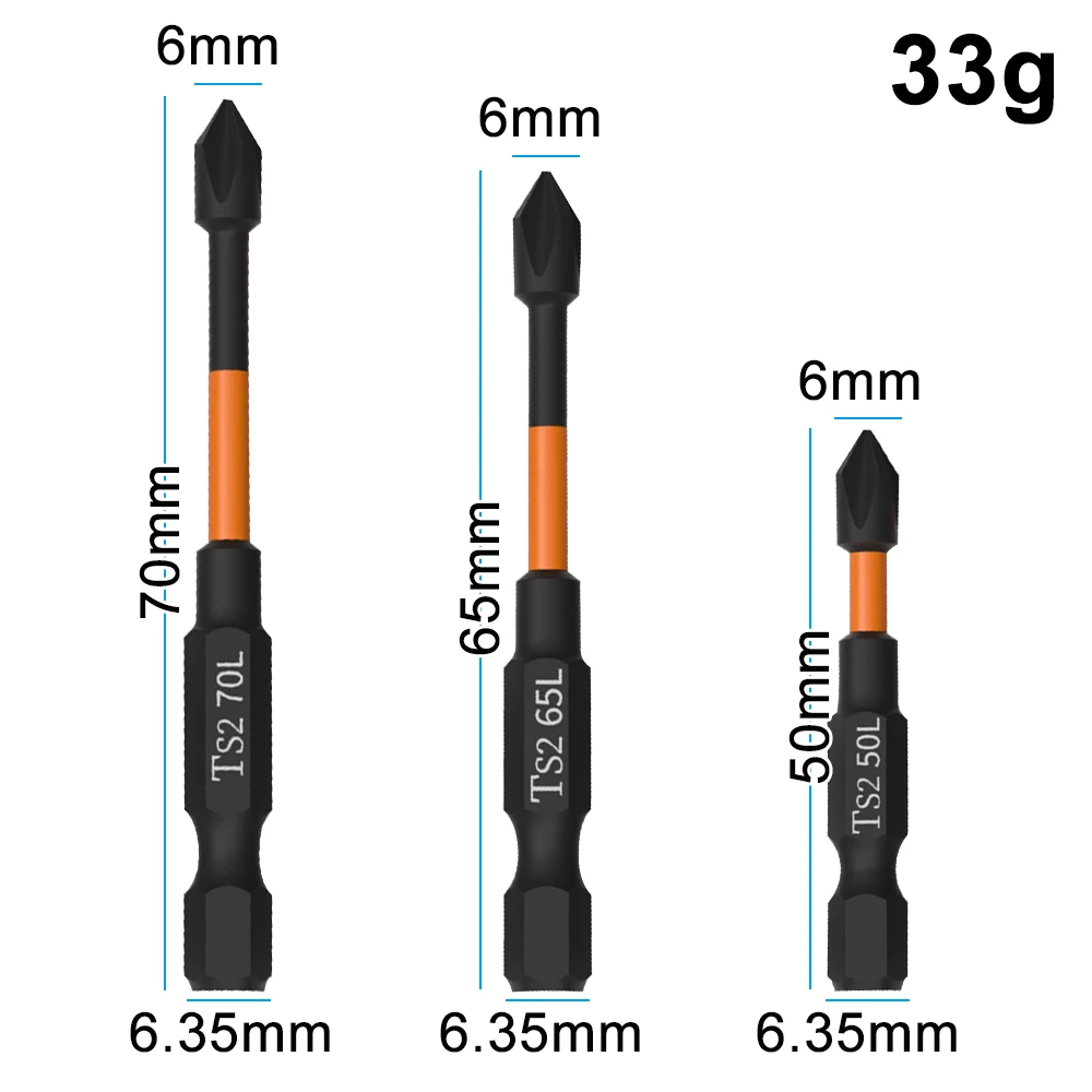 3PC Orange S2 Impact Strong Magnetic Anti Slip 50-70mm Electric Hand Drill Cross Screwdriver Bit Electric Tool Accessory Set