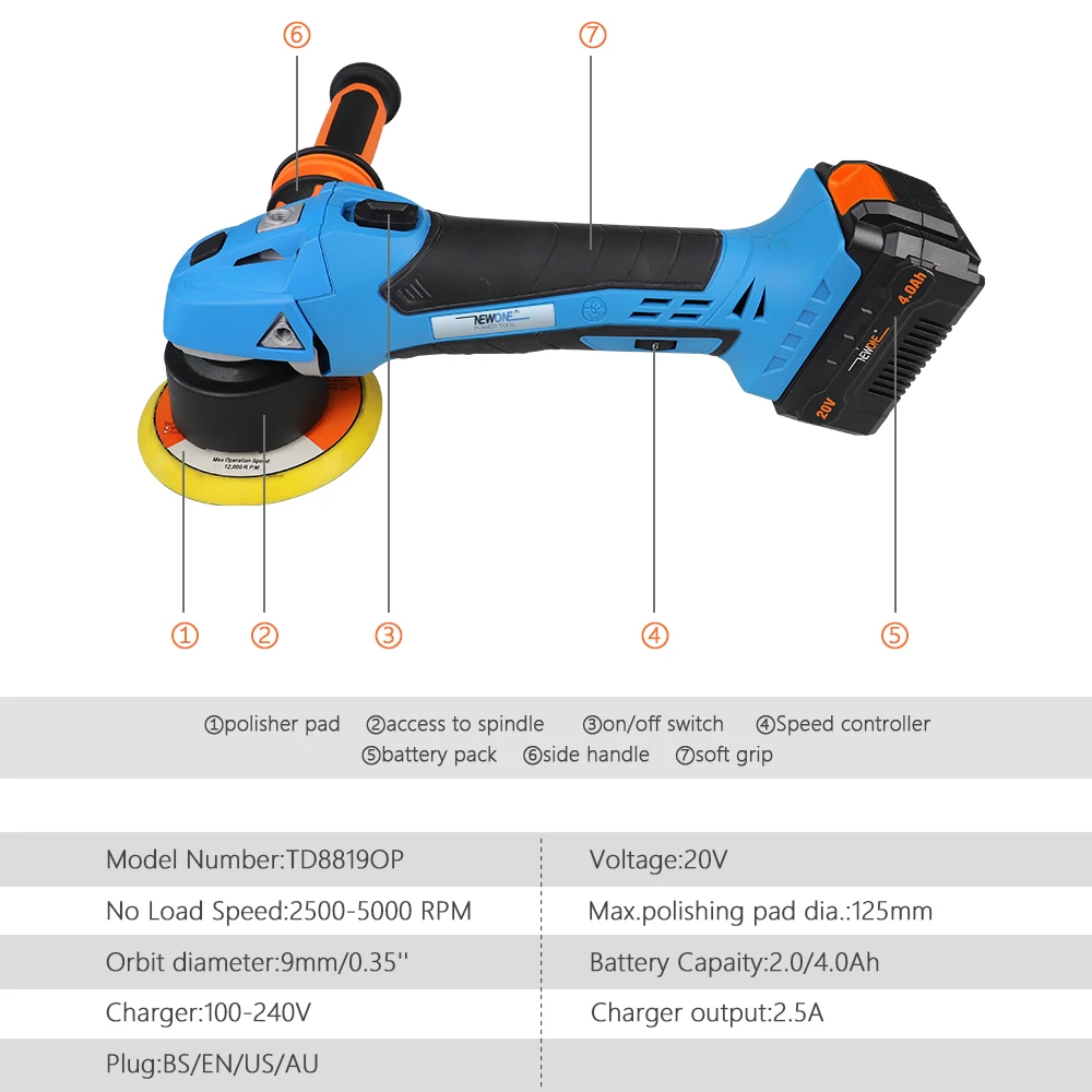 12V/16V/18V/20V Car Polishing/Waxing Machine Li-ion Brushless Orbital Dual Action Polisher Speeds Adjustment Electric Power Tool