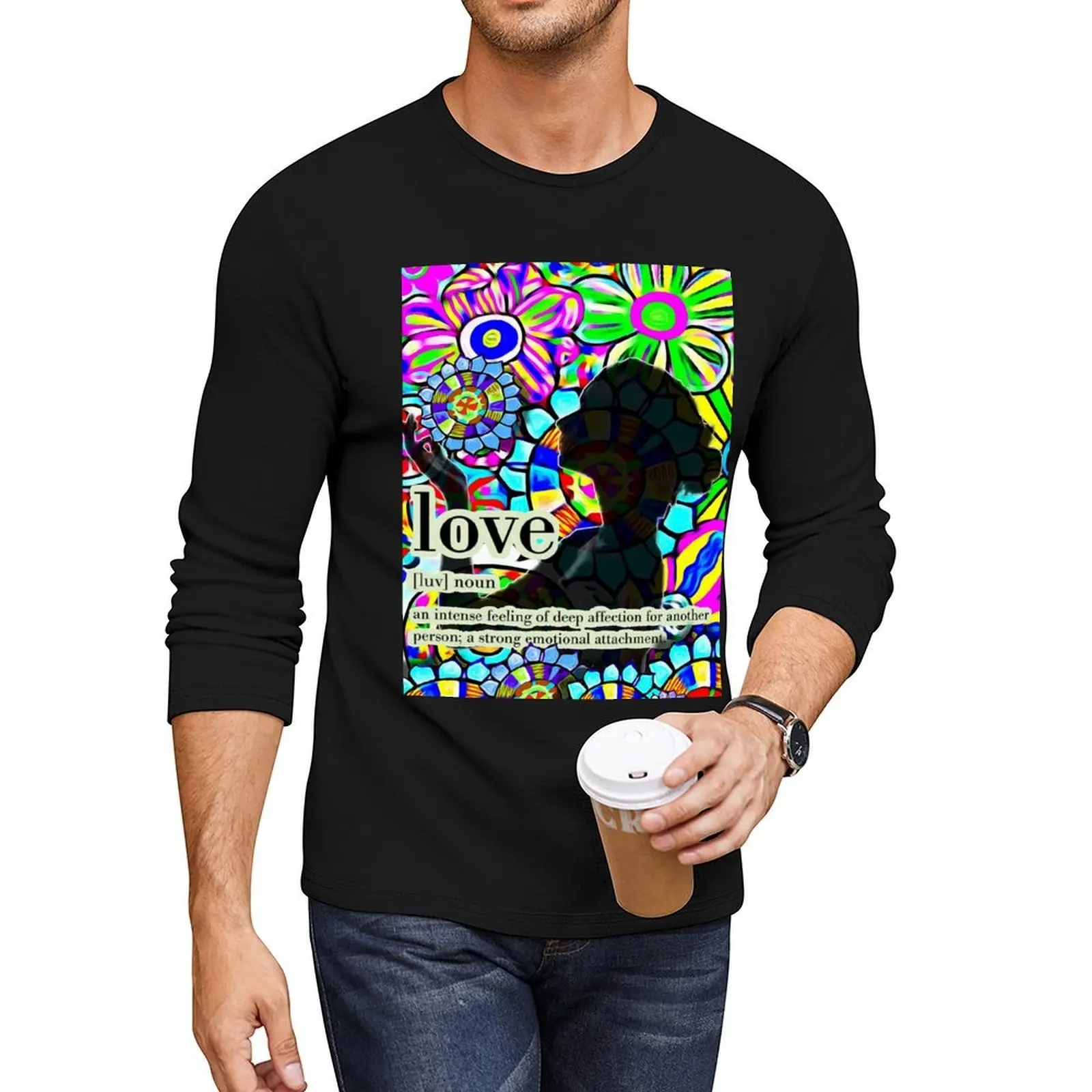 Silueta en un jardín de flores. Definición del amor.Mi dibujo. Camiseta larga camiseta negra camiseta para hombre