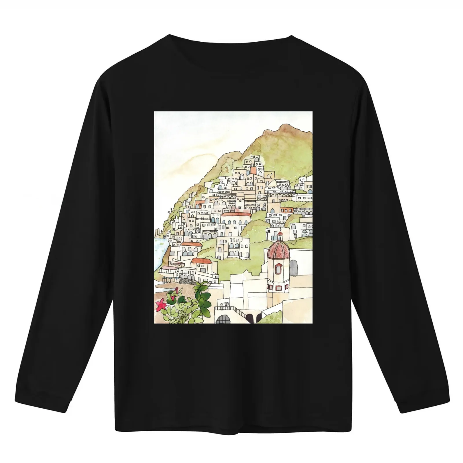 Positano Ink and Watercolor T-Shirt Summer Casual Cotton Tee Oversized Streetwear Tops Vintage Graphic Print 100% Cotton