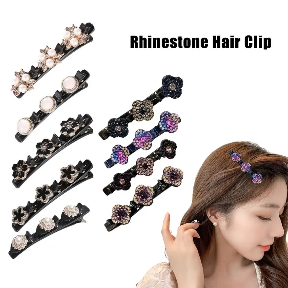 Women Hair Pin Fashion Rhinestone Hair Clip Sparkling Flower Hair Clip with Non-slip Teeth Double-layer Braided Hairs Accessory