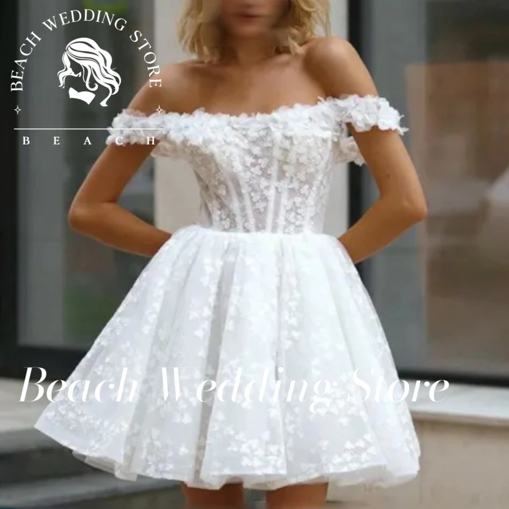 Beach Customized Long Sleeve Short Lace Wedding Dresses A Line 3D Flowers Mini Bride Dress Off The Shoulder Wedding Gowns