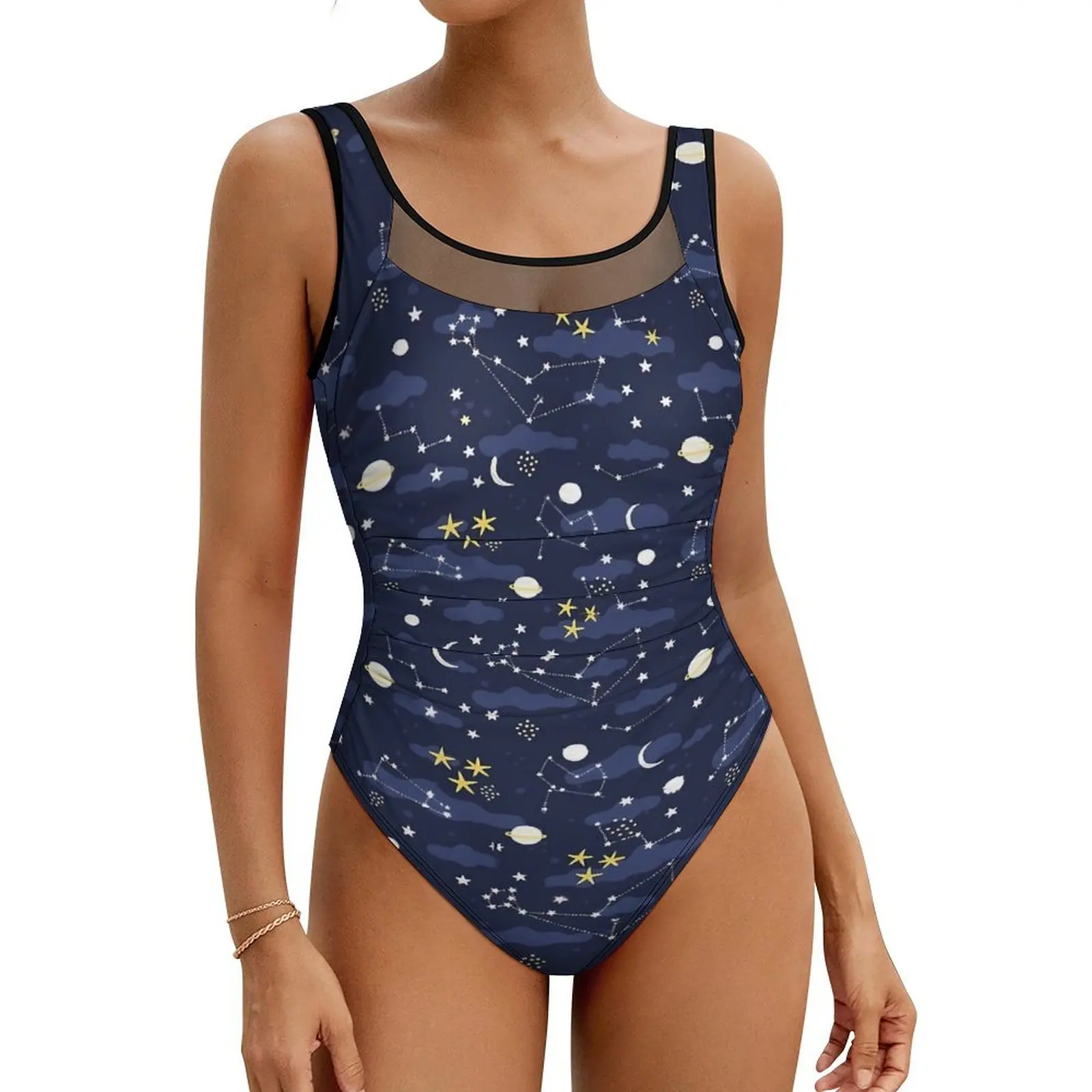 

Galaxy Astrology Swimsuit Moon and Stars Swimwear One-Piece Holiday Swim Design Bodysuit Mesh Monokini Female Push Up Beachwear