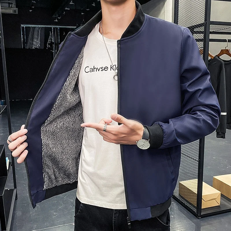 ゆったりとしたカジュアルなメンズジャケット 秋冬 ファッショナブルな韓国スタイル 厚手フリース スタンドカラー 長袖 レギュラー丈