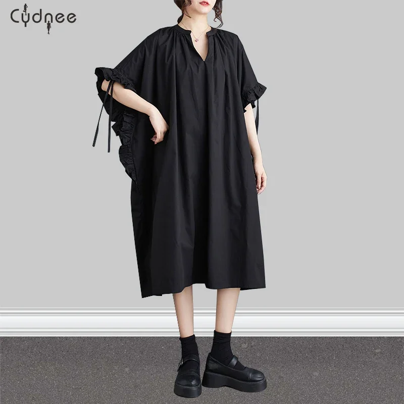 Summer New Loose Literary V-neck Black Dress Wooden Ear Edge Draw Rope Fold Pile Sleeve Casual Loose Version Midi Dresses