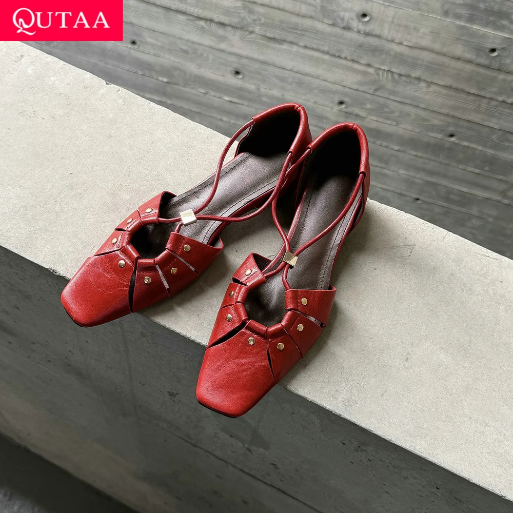 QUTAA 2026 Fashion Women Summer Sandals Flats Shoes Genuine Leather Rivet Splicing Square Toe Shoes Dress Party 34-40