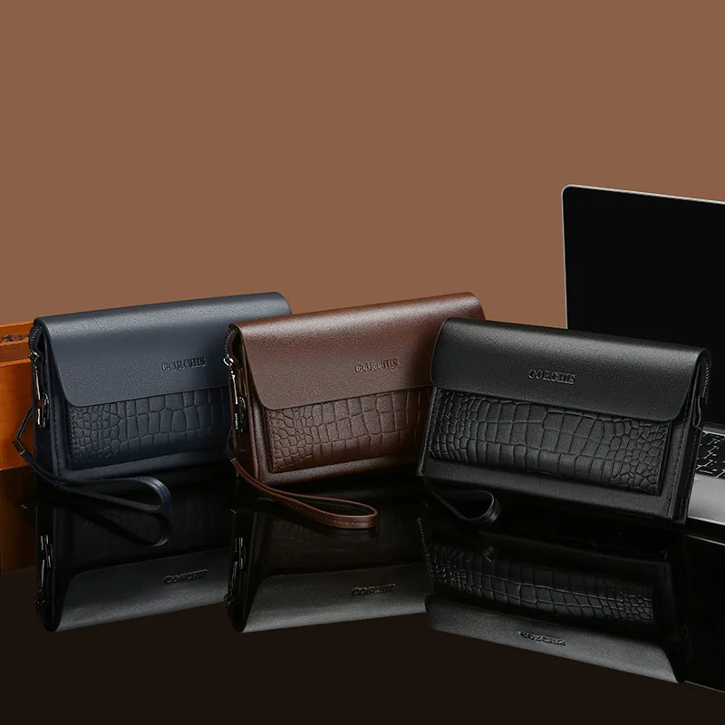 Stone-patterned PU leather men's handbag for business use, large capacity, anti-theft with password lock, wallet