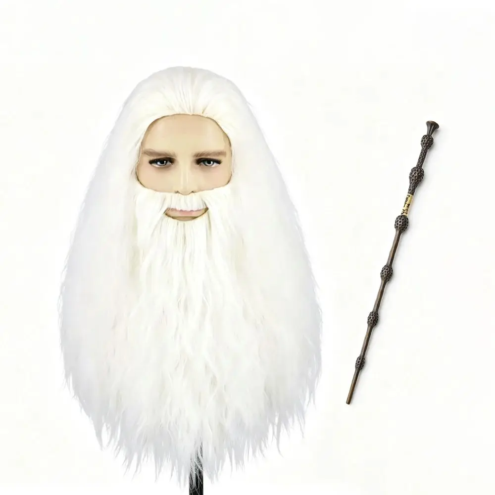 Anime Movie Old Man Dumbledore Cosplay Wig Beard Set Magic Wand Halloween Party Carnival Role Play Synthetic Hair False Beard