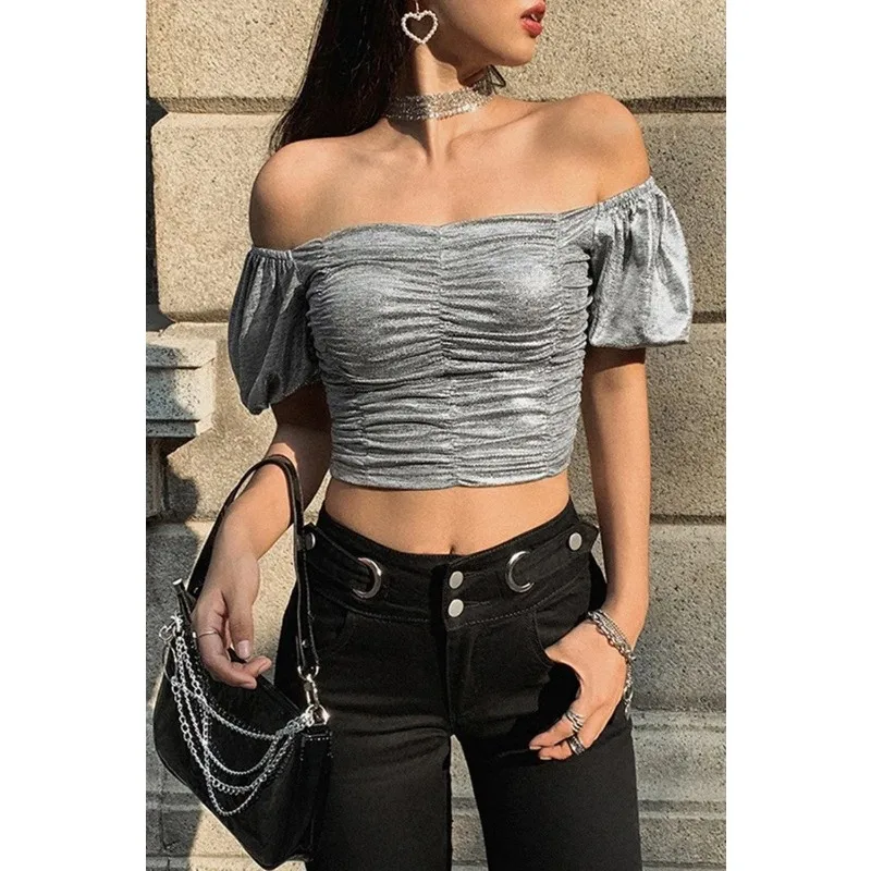 Women's Metallic Off Shoulder Puff Sleeve Ruched Crop Top Silver Shiny Party Clubwear