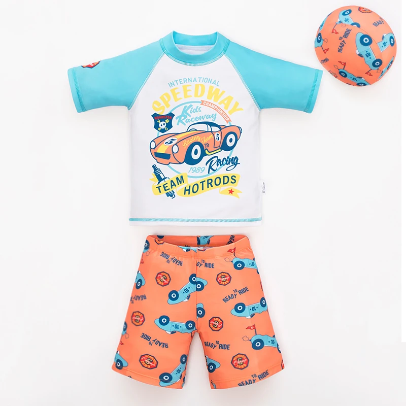 Boy Quick Drying Swimsuit Racing Cartoon Pattern Printing Short Sleeve Swimwear With Hat Fashion Sunscreen Boy Baby Swimwear Set