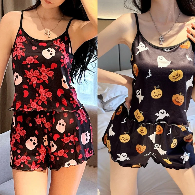 Sexy Nightwear Women Halloween Pumpkin Spooky Print Silk Pajamas Set Suspenders Loungewear Sleepwear Girl Soft Sling Home Wear