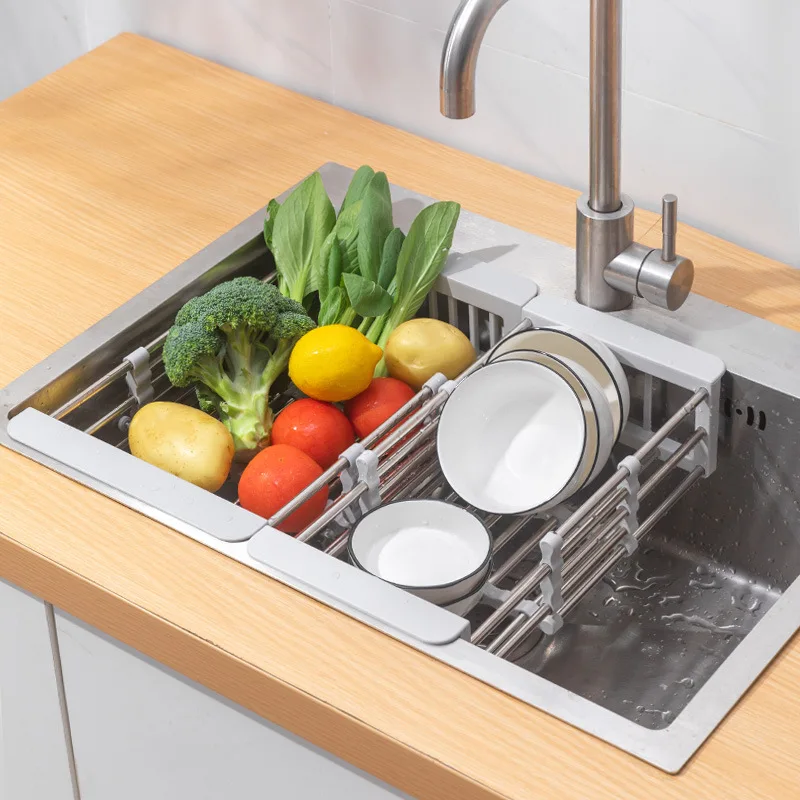 New Scalable Sink Drain Rack Kitchen Stainless Steel Sink Dishwashing Vegetable Storage Rack Tableware Filter Basin Storage Rack