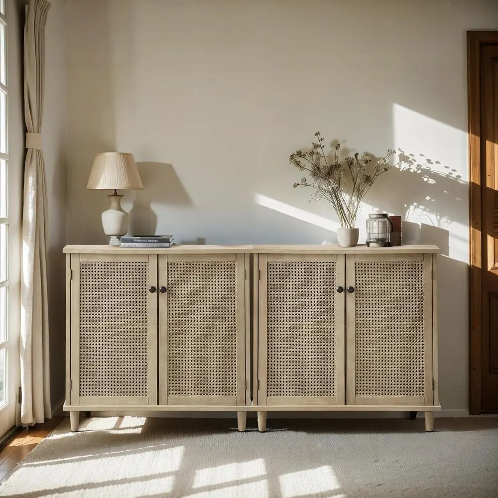 

Шкаф для хранения вещей с 2 дверцами и элементами из ротанга для прихожей, входной зоны, гостиной - натуральный цвет, комплект из 2 штук