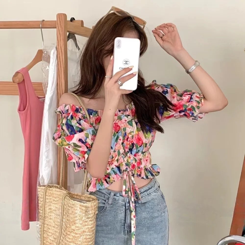 

Шикарный женский модный топ с цветочным принтом Or Bubble Sve Irt Sweetn Agel Knot Waisand Small irt в Корейском стиле