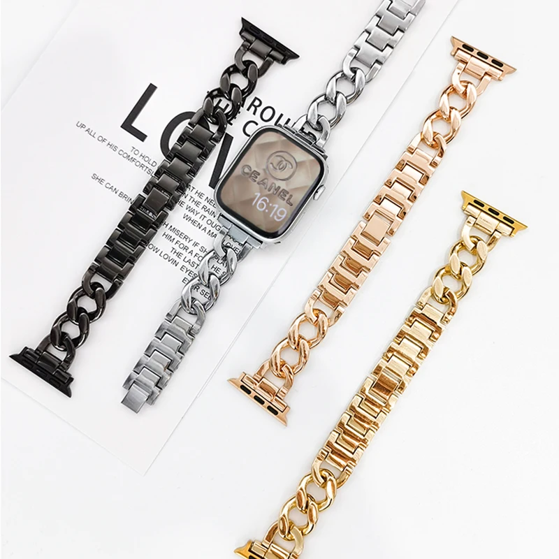 Роскошный металлический ремешок для Apple Watch Series 9 Ultra 8 7 SE 6 5 4 3, браслет с одной цепочкой для iWatch Band 38/40/41/42/44/45/49 мм