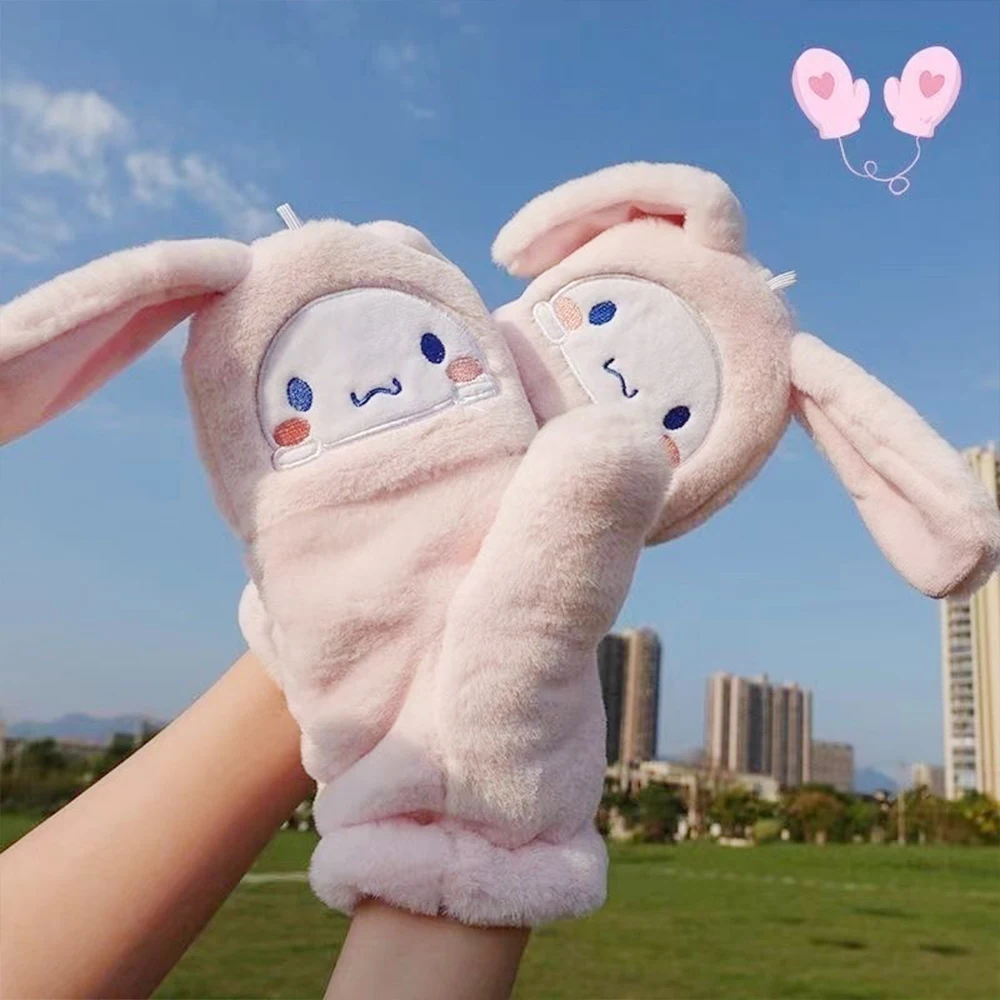 Kawaii Cinnamoroll Pluche Flip Handschoenen Sanrios Hello Kitty Winter Warm Cartoon Cartoon Half Vinger Zacht Dikker Meisje Student Gift