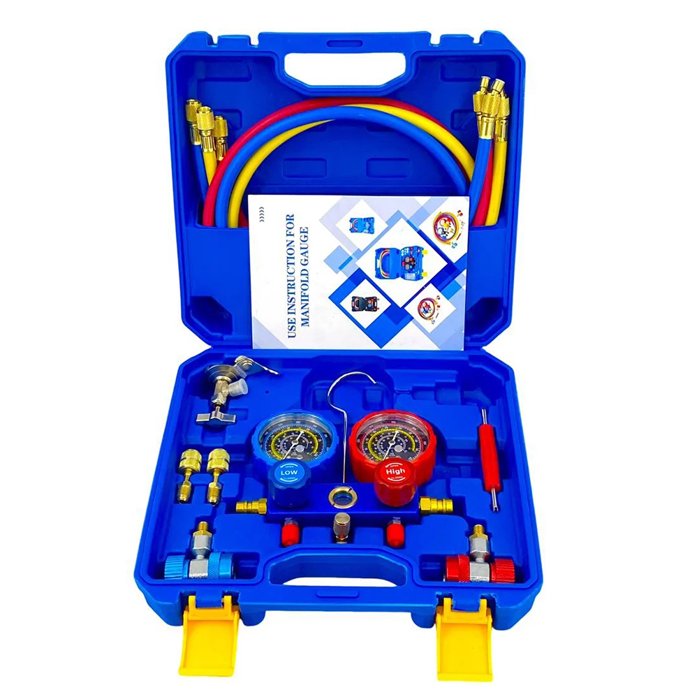 Set Manifold Gauge AC 3 Jalur dengan Selang 1.2m, Set Manifold Gauge AC untuk Pengisian Freon R134A/R22/R410/R404