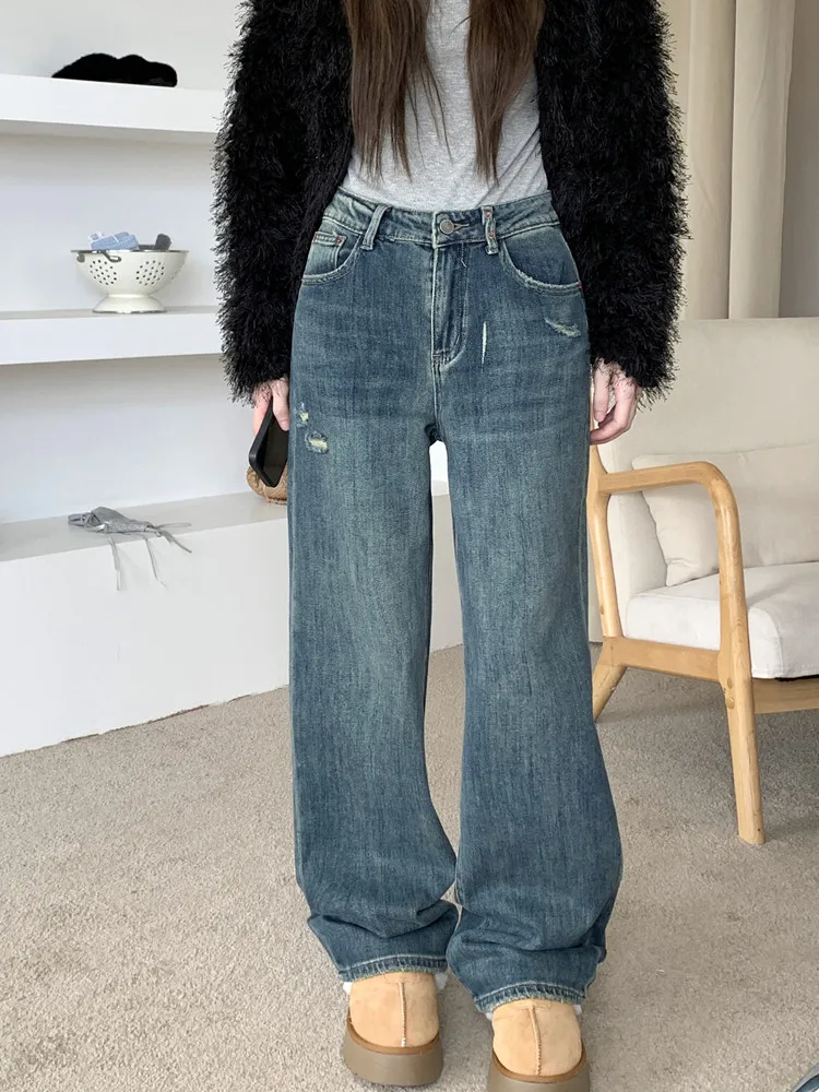 2023 Korean Y2K Fashion Heart Embroidery Washed Blue Stacked Jeans Pants For Women Clothes Straight Casual Lady Denim Trousers