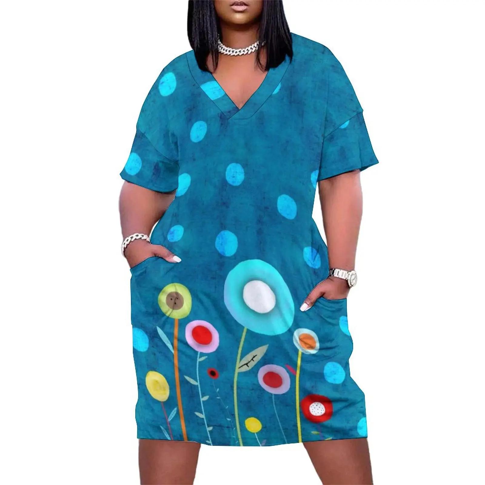 

Turquoise Polka Dots Loose Pocket Dress Dresses evening dress women