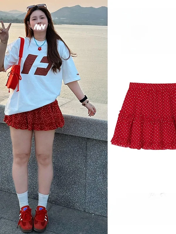 

Юбка А-силуэта большого размера в красный горошек, женская, летняя/весенняя, новая, с завышенной талией, утягивающая, пышная, короткая, с защитой от просвечивания