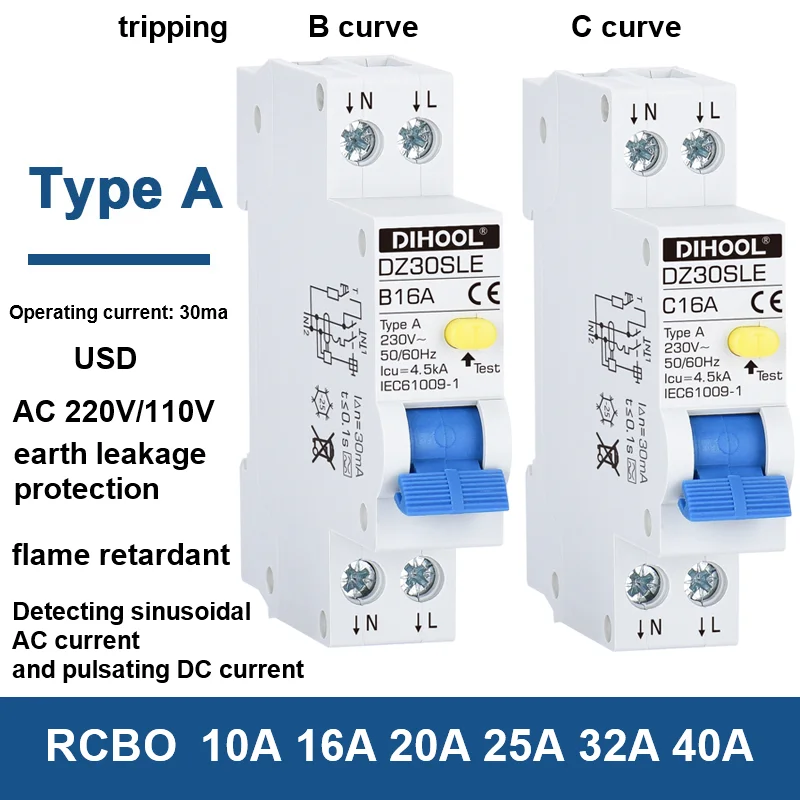 Mini RCBO 1P+N Type a Residual Current Differential Automatic Circuit Breaker over Current Leakage Protection 10A 20A 25A 32A 40