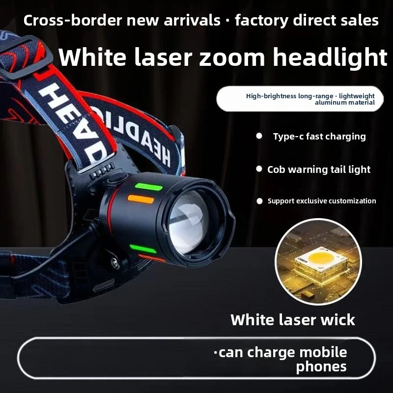Protective White Laser High Power LED Headlamp Type C Rechargeable Zoom Headlight for Outdoor Night Fishing Patrol