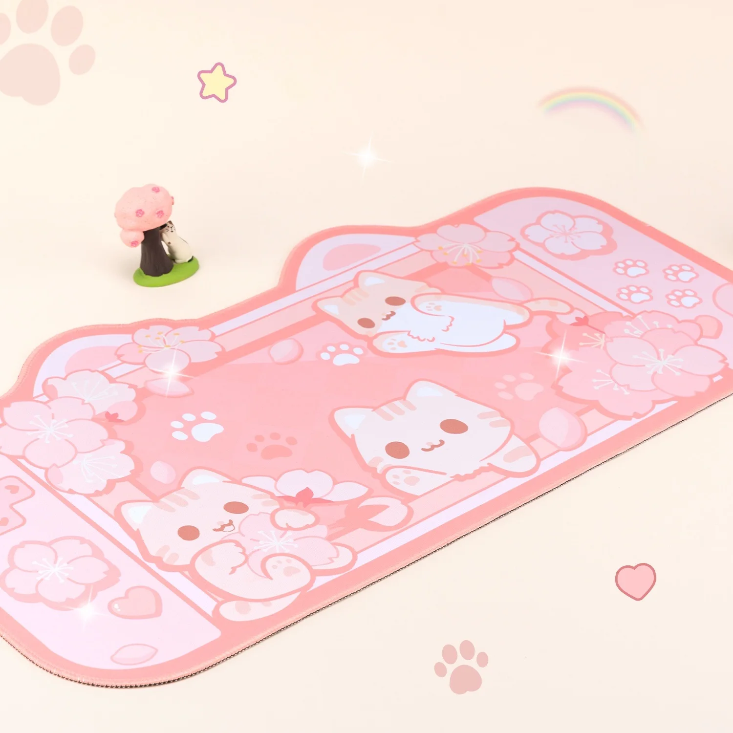 Sakura Cat XXL Gaming Mouse Pad - Pink Cute Cat Ear Design, Non-Slip Thickened Soft Desk Mat for Keyboard & Mouse , Wrist Rest