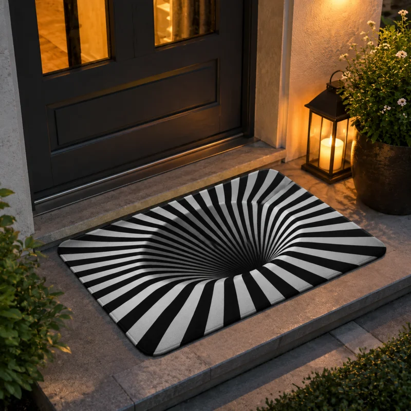 VIKAMA 3D Black White Stripe Vortex Hole Optical Illusion Art Flannel Door Mat Non Slip Entryway Bedroom Living Room Home Decor