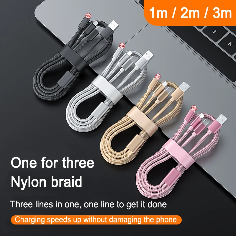 

3in 1 USB Fast Charger Charging Cable Micro Type C One Drag Three For Samsung Xiaomi Huawei For iPhone13 12 11 Phone Data Cord