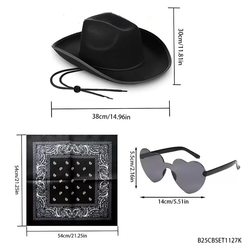 PESENAR This is a cool black cowboy party double set, including a cowboy hat, handkerchief, and heart-shaped sunglasses.