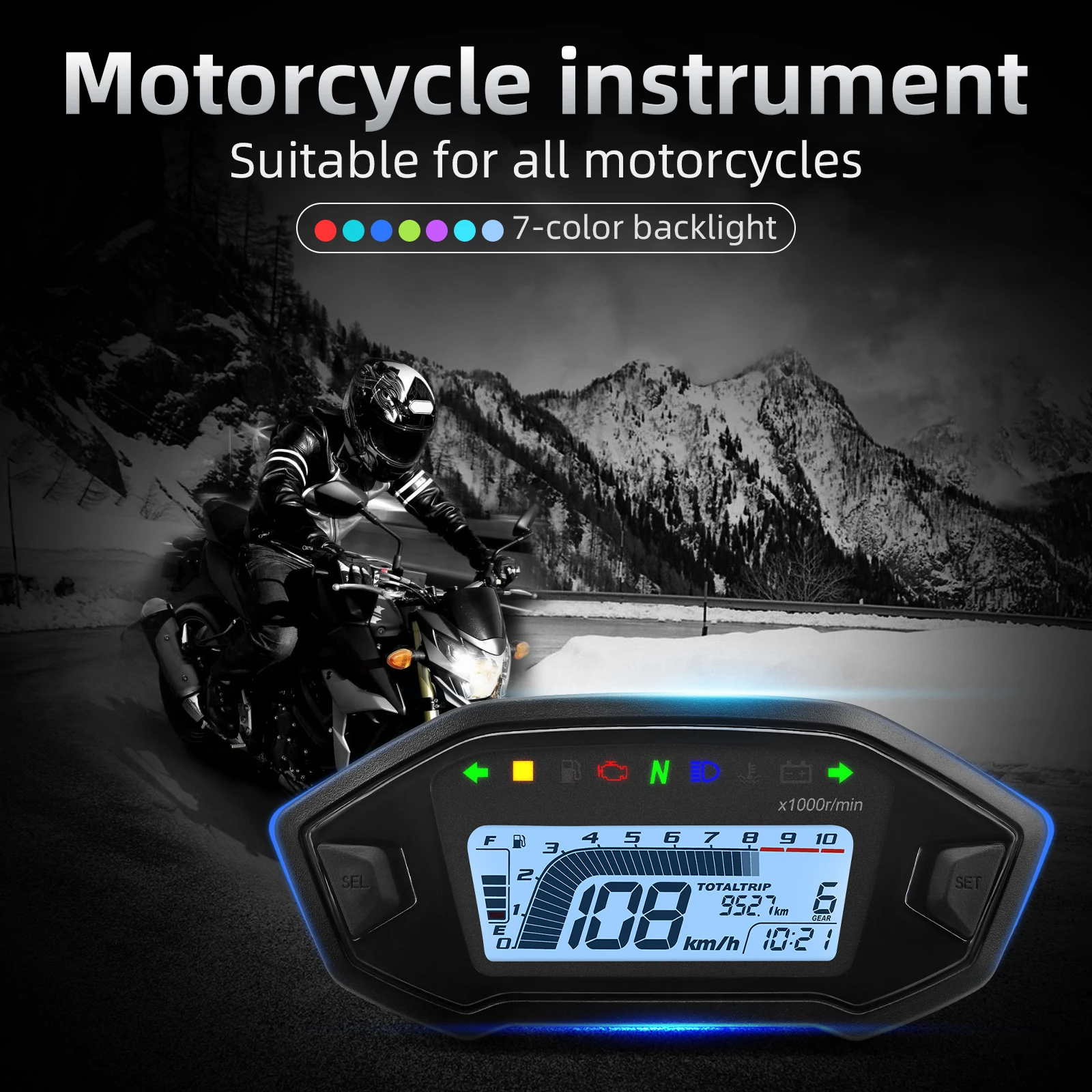 2023 Newly 7 Colors  Digital Speedometer Moto Dashboard 10000RPM Motorcycle LCD Display Odometer Tachometer for 1,2,4 Cylinder