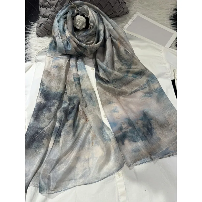 

Lightweight 100% Mulberry Silk Scarf for Women Oblong Shawl Neck Scarf Beach Wrap Headscarf Gift Light Blue Landscape Print