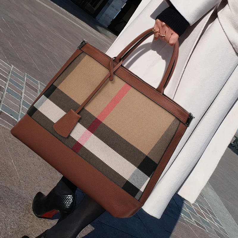 

Canvas Tote Bag with Genuine Leather Trim – Classic Checkered Design, Open Top with Interior Pocket, Perfect for Work & Shopping