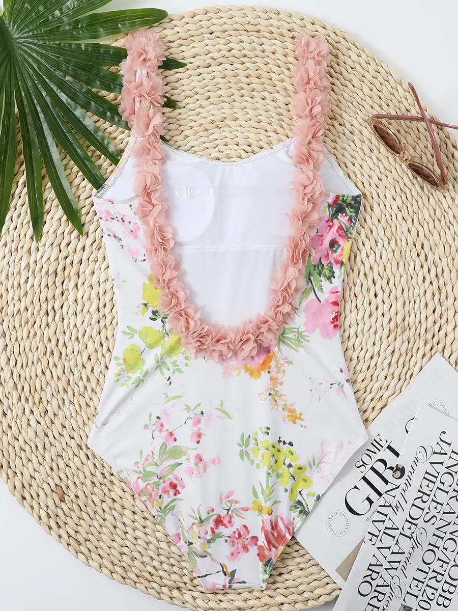 2024 Printed Swimsuit One Piece Ruffle Backless Swimwear Women Floral Bathing Swimming Suit Female Summer Beachwear Bodysuit