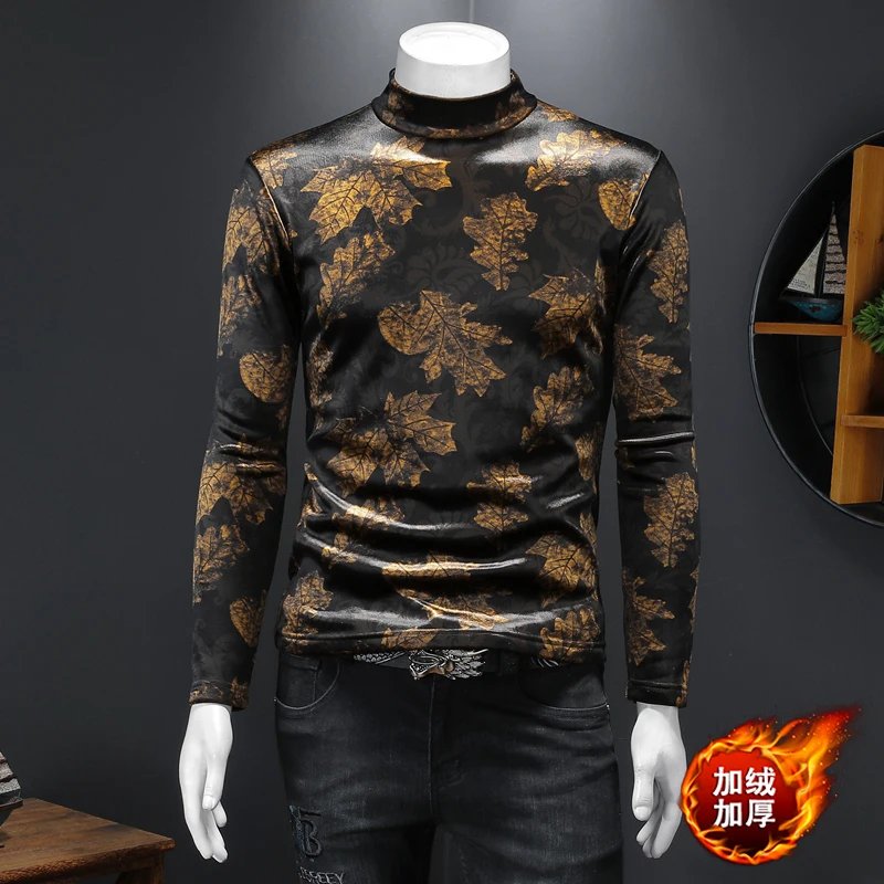 Vintage Leaves 3D Print Men T Shirt Homme Slim Luxury Long Sleeve Winter Quality Velvet Smooth Turtleneck Casual Thick Camisetas