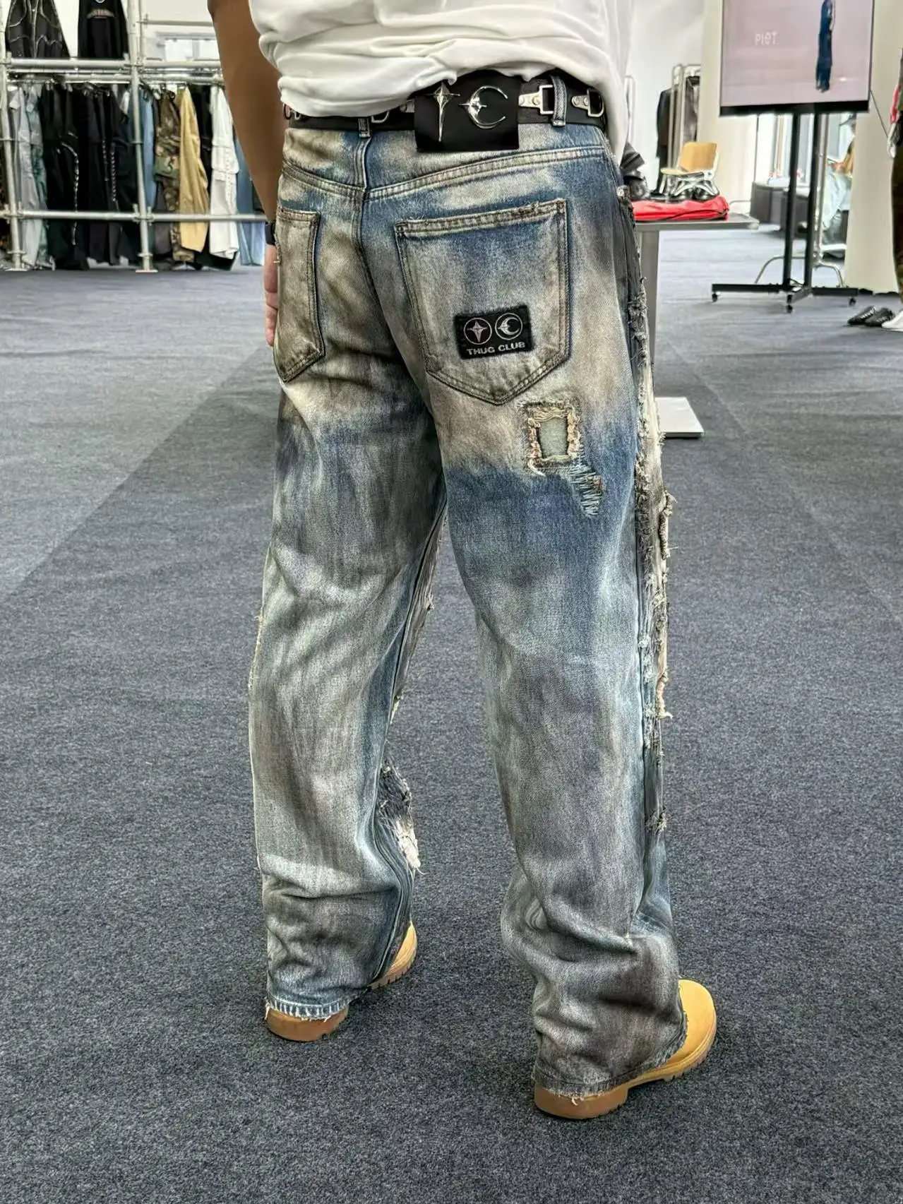 وصمة عار البلطج نادي هول التالفة الجينز فوضوي غرزة مستقيم فضفاض السراويل الرجال النساء الكلاسيكية الجلود نجمة القمر تسمية معدنية بنطلون