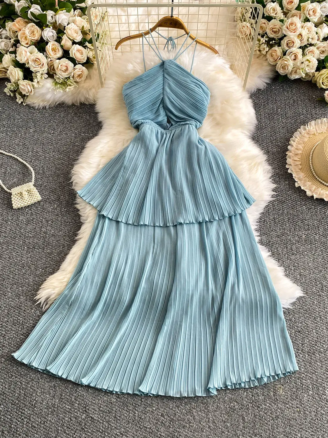 

Women Blue Long Dress Hollow Out Backless Camisole Dress Vacation Style Sexy Ruffled Pleated Maxi Dress One Piece Frocks Summer