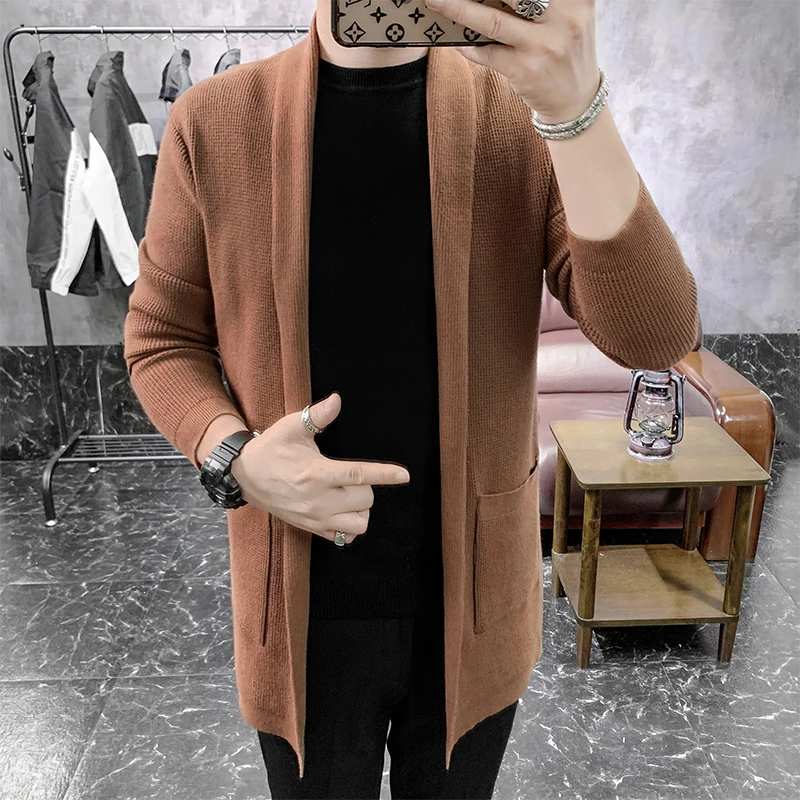 GIOIO men's knitted jacket, elongated cardigan design, solid color suit collar, fashionable casual top jacket