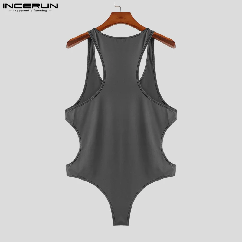 INCERUN 2024 Sexy New Mens Homewear Personality Side Hollow Design Jumpsuits Casual Simple Male Solid Sleeveless Bodysuits S-5XL