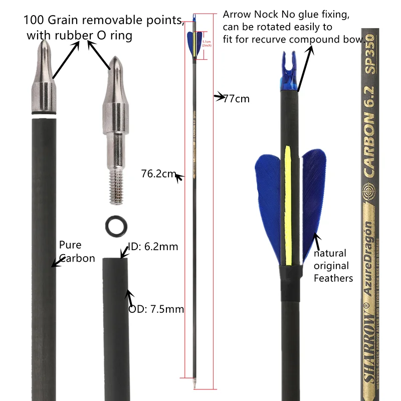 Carbon Archery Arrows 32 Inch Spine 500 6.2mm Inner Diameter 2 Inch Feather Vanes for Outdoor Bow Sports Training
