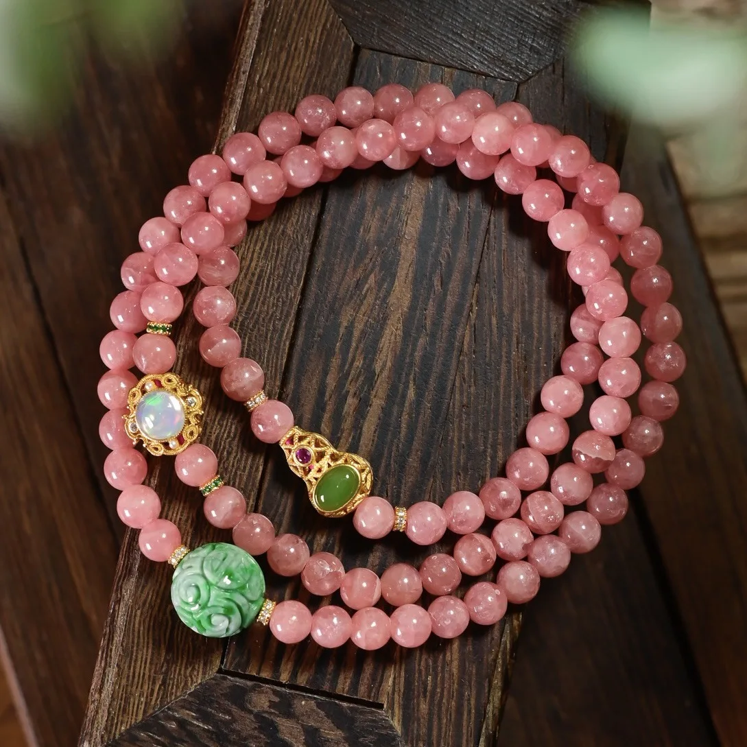 Natural Rhodochrosite Multi-loop Bracelet Grade A Dry Green Jade Opal Jasper S925 Silver Gold Plated Women Jewelry