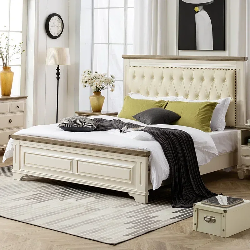 American rural retro solid wood light luxury master bedroom double bed modern simple white carved retro storage princess bed