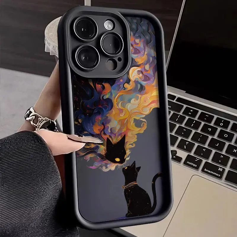 

Black cat design for eye contact phone case for iPhone 16 15 14 13 12 11 Pro/ Max/Plus shock-proof rear cover anti-fingerprint
