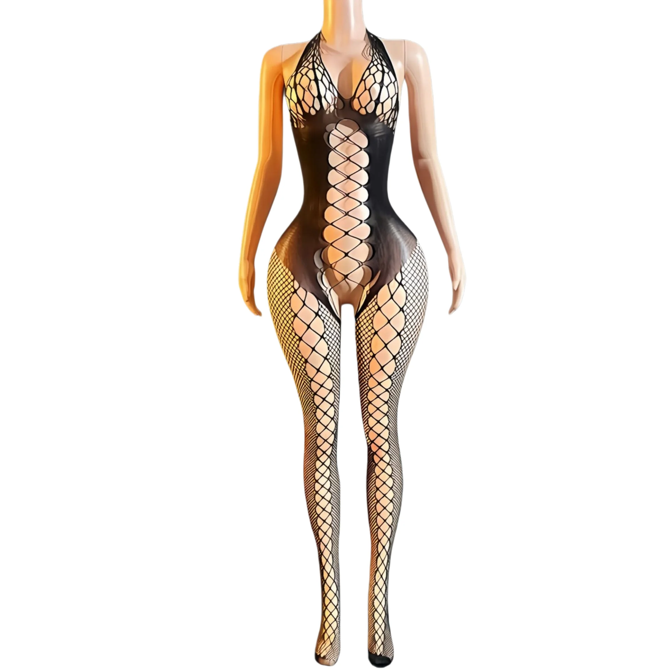 Women's Lingerie Bodystocking,Halter Neck Open Crotch Design,Nylon & Elastane Fishnet Mesh Hollow Out Stretchy Sexy Bodysuit