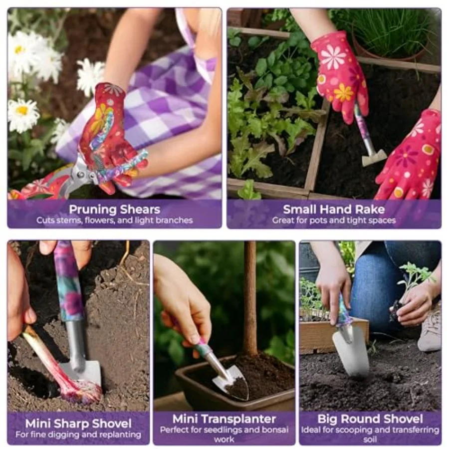 مجموعة أدوات الحديقة مكونة من 12 قطعة مع 10 أدوات من الفولاذ المقاوم للصدأ ومقابض زهرية وحقيبة حمل ومقلم ومجرفة قابلة للطي ومريحة #5